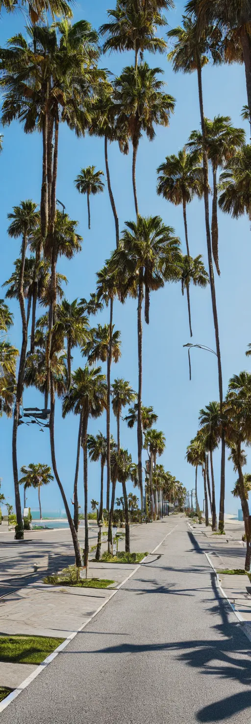 Image similar to long shots of sidewalk with bike path, palm trees, accessible for the disabled, by professional photographer, 8 k resolution, photo, high quality, unreal engine, 3 d