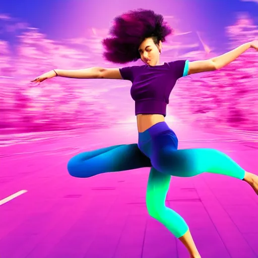 Image similar to a award winning full body shot of a beautiful woman in a croptop and leggings with a ombre purple pink teal hairstyle with head in motion and hair flying, outrun, vaporware, highly detailed, fine detail, intricate
