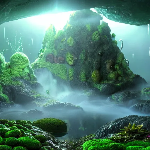 Image similar to spectral gigantic space cavern, ultra realist 3 d render curiosities carnival pond vegetation rocks mushrooms and tentacles covered moss, luminescent wisps, stunning waterfall, accurate features, focus, very intricate ultrafine details, random volumetric lighting, fog, award winning masterpiece, octane render 8 k hd, artstation