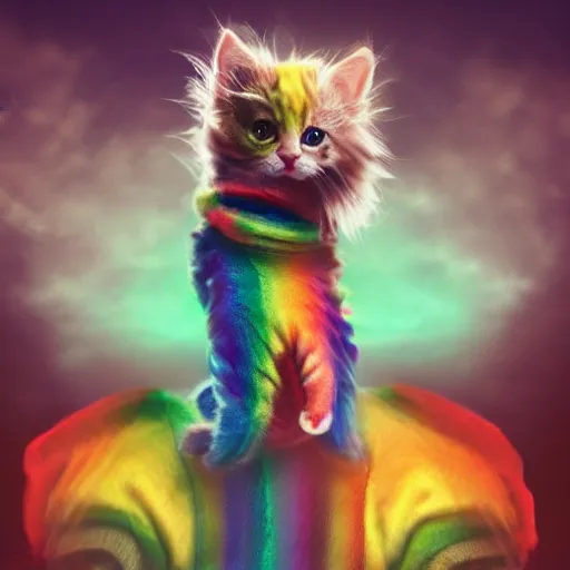 Image similar to wide angle full body, jacket wearing fluffy cute rainbow kitten wearing a black leather motorcycle jacket, riding on a motorcycle, cinematic concept art