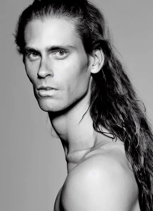 Image similar to a skinny young Tarzan with a man bun, close-up portrait of young white male, with long straight slicked back brown black hair shoulder length
