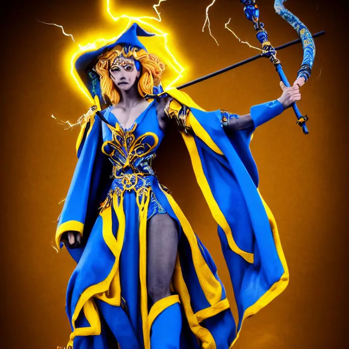 Image similar to photograph of a real - life beautiful!! elemental lightning witch with ornate yellow and blue robes and staff. extremely detailed. 8 k