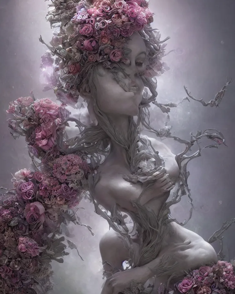 Image similar to a sculpture of a gorgeous etherial female, made of mist, made of flowers, Andrew Ferez, Charlie Bowater, Marco Mazzoni, Seb McKinnon, Ryohei Hase, lovecraftian, cosmic horror, trending on cgsociety, featured on zbrush central, grotesque, vanitas, new sculpture, mystical