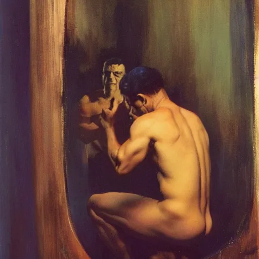 Image similar to a man looking in a mirror, frank frazetta