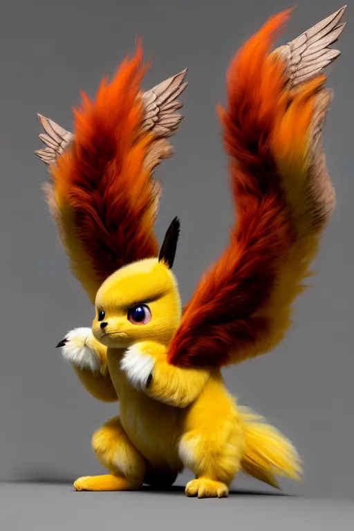 Image similar to high quality 3 d render hyperrealist very cute multicolor stripped fluffy! phoenix chimera hybrid with wings!! highly detailed, vray smooth, in the style of detective pikachu, hannah yata charlie immer, dramatic blue light, low angle, uhd 8 k, sharp focus