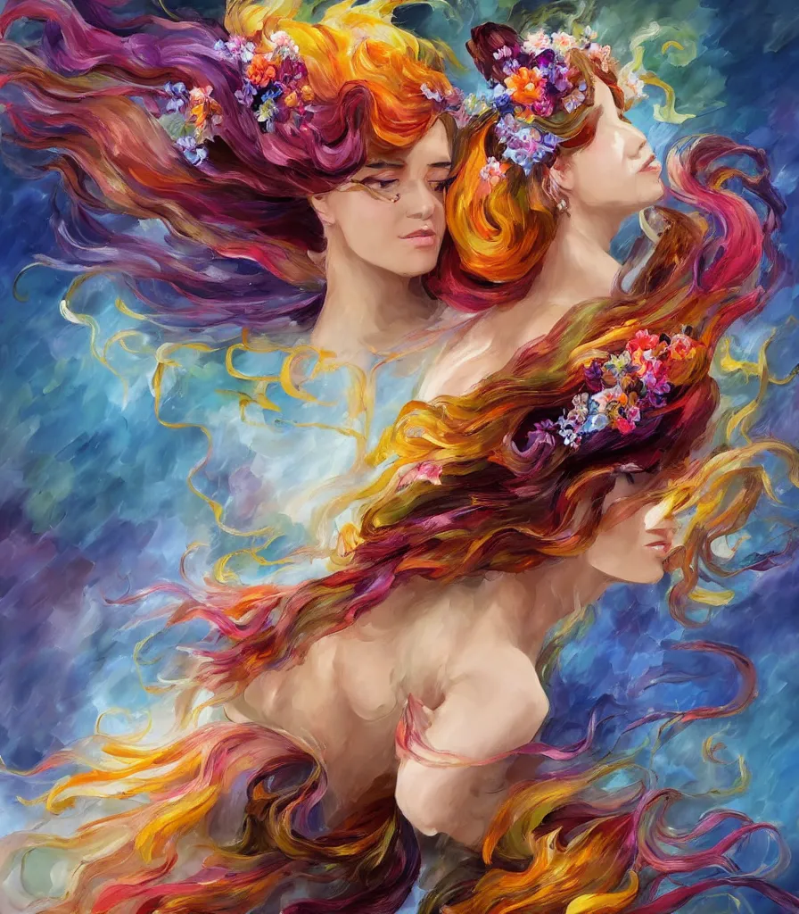 Image similar to a colorful and provenance illustrations painting of the fantasy female who with floral wing, highly detailed, her hair made of hair made of air wind and curling smoke, mist, dust, genie, spirit fantasy concept art, art by afremov and leonid, trending on artstation.