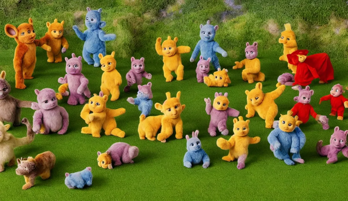 Prompt: natural history dioramas of teletubbies as furry animals