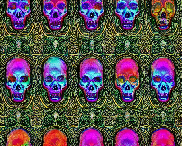 Image similar to skull fractals, digital art, psychedelic skulls