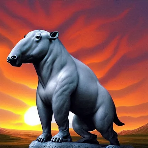 Image similar to a tapir sculpting a stone statue of the lambda symbol, epic sunset in the background, highly detailed digital art by boris vallejo