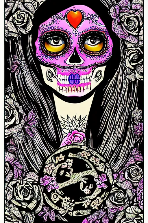 Prompt: Illustration of a sugar skull day of the dead girl, art by Emek Golan