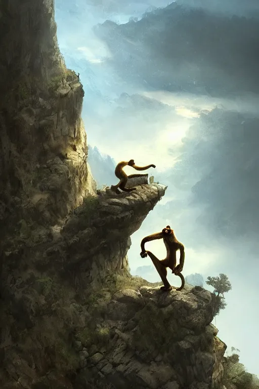 Prompt: a monkey standing at the top of a cliff throwing a bone in the air , dramatic lighting, cinematic, establishing shot, extremly high detail, photorealistic, cinematic lighting, artstation, style by James Gurney