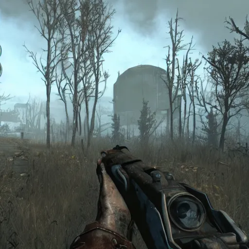 Prompt: Fallout 4 gameplay screenshot, wasteland, Slender Man in the background