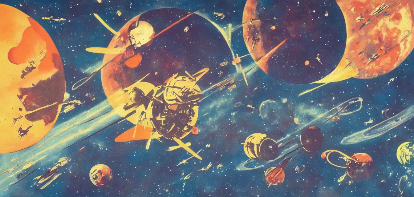 Image similar to space battle aftermath in orbit above moon, retro futurism painting