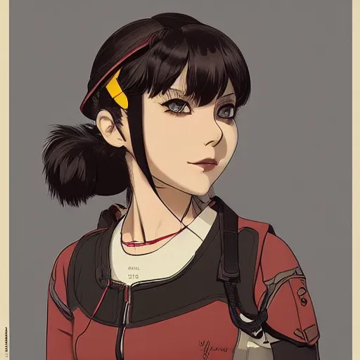 Image similar to face of a beautiful girl with a ponytail wearing a helmet, symmetrical, ilya kuvshinov, jamie hewlett, yoji shinkawa, muted colors, portrait, beautiful detailed illustration, 17th century oil painting, flat colors, studio ghibli, cel shading