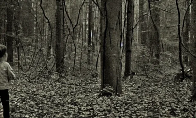 Image similar to kid looking at camera in forest at night, far away from camera, 70s photo, out of focus, motion blur, cctv footage, horror movie, horror lighting, blair witch project, old photo