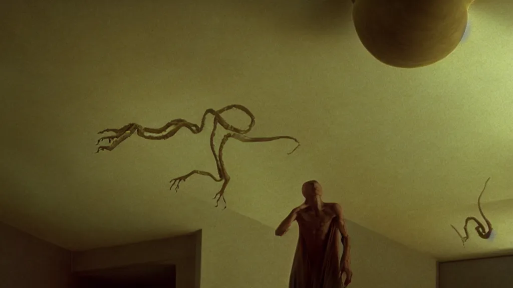 Prompt: a strange alien crawls on the living room ceiling, film still from the movie directed by Denis Villeneuve with art direction by Zdzisław Beksiński, wide lens