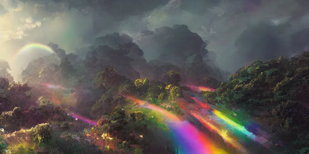 Image similar to Intricate detailed illustration, somewhere over the rainbow, cinematic lighting, by Sparth and Greg Rutkowski, wide angle, volumetric light scattering, 8k, artstation, concept art,