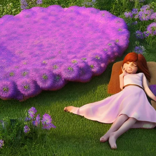 Prompt: girl sleeping on a big flower, 3 d render, incredible details, highly detailed, photorealistic, disney pixar, smooth, octane render, iridescent, 8 k