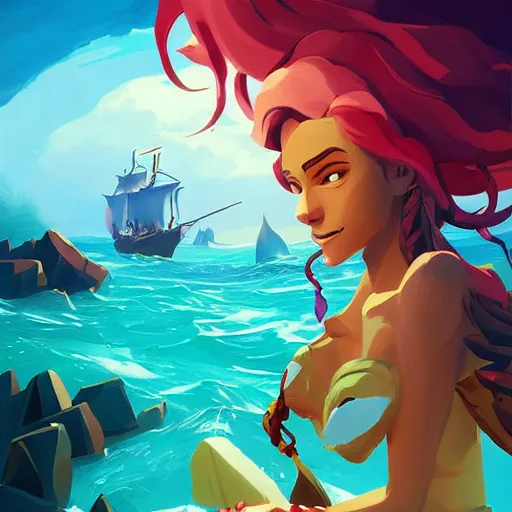 Image similar to painting mermaid treasure on sea of thieves game avatar hero smooth face median photoshop filter cutout vector, behance hd by jesper ejsing, by rhads, makoto shinkai and lois van baarle, ilya kuvshinov, rossdraws global illumination