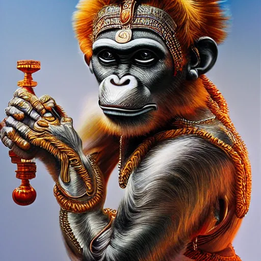 Prompt: biomechanical Hanuman , hyper-realistic portrait, intricate details, supersharp, hypermaximalist, dramatic lighting, hajime sorayama, Indian monkey god, photorealistic hanuman