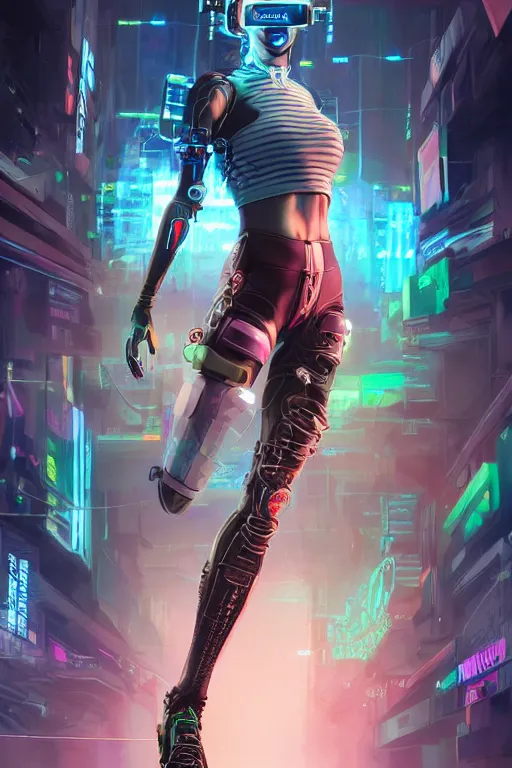 Prompt: a full body illustration of an asian female cyberpunk character wearing VR goggle implants, symmetrical detailed legs, oil on canvas, soft lighting, neon pastel colors, by WLOP and Greg Staples, HD, 4K