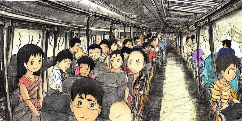 Prompt: inside sri lankan train, drawn by hayao miyazaki