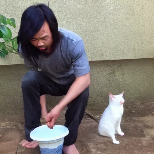 Prompt: asian jesus playing with cats with a water bucket and a whip