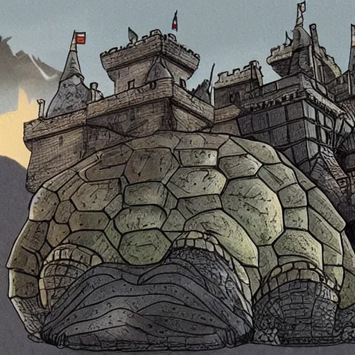 Image similar to large castle on top of a giant tortoise similar to howls moving castle, kaiju, mortal engine, fantasy, hyper detailed, realistic