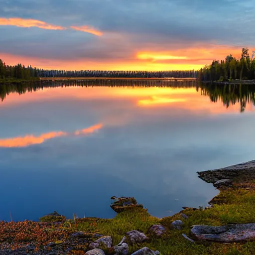 Prompt: lake view in taipalsaari, sunset