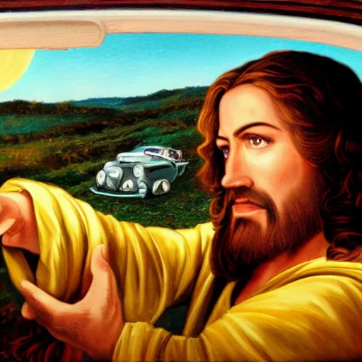 Image similar to jesus driving a car