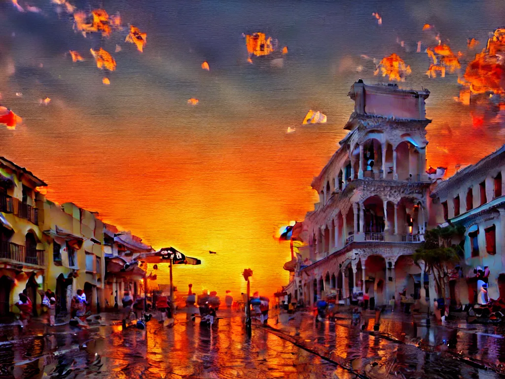 Prompt: of an impressionist oil painting of a sunset in the street of old san juan in puerto rico, hyper - detailed, 8 k, cinematic, octane render, by greg rutkowski