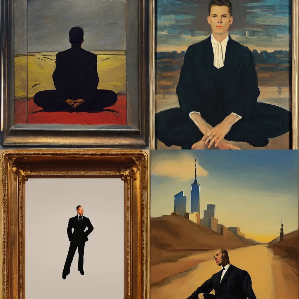 Prompt: man in black, meditation pose, new york city landscape behind, leyendecker style