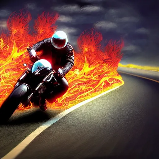 Image similar to Keanu reeves Riding a motorcycle Through Fire digital art 4K detail