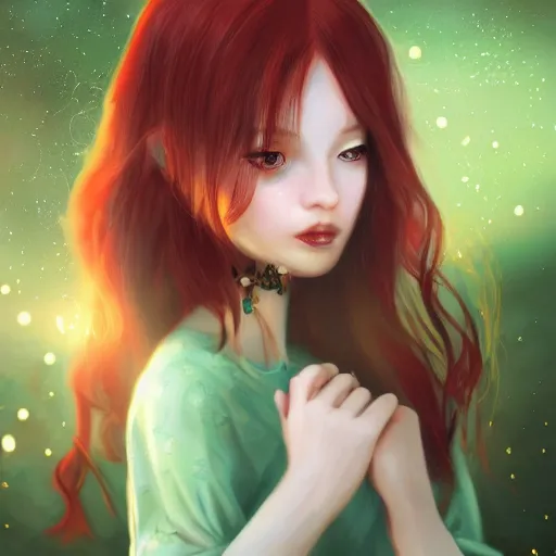 Image similar to red haired girl, among fireflies, pale gentle face, green eyes, highly detailed intricate romantic outfit, sharp, 8 k ultra realistic illustration, digital art by sakimichan, trending on artstation