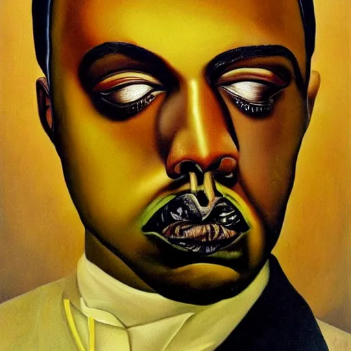 Image similar to very detailed surreal portrait of kanye west as his face melts. painted by salvador dali, 1 9 3 1. oil on canvas.