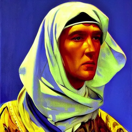 Prompt: The painting combines elements of both abstraction and figuration, creating a unique and powerful image. The bright colors and bold lines are eye-catching, and the subject matter is both mysterious and intriguing. The painting is both beautiful and thought-provoking. bright blue, Lawrence of Arabia by Adolph Menzel Trending on artstation, control the soul