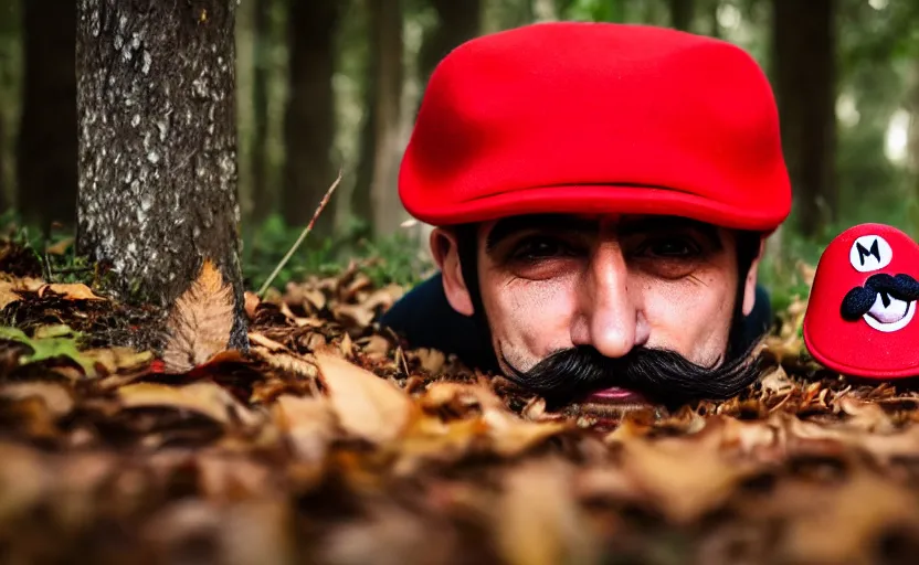 Image similar to italian man with a mustache dressed as mario wearing a solid red mario hat, crawling on the ground, eyes rolled back, licking a red mushroom with white spots, in a forest, photography, 5 0 mm lens, f 1. 8