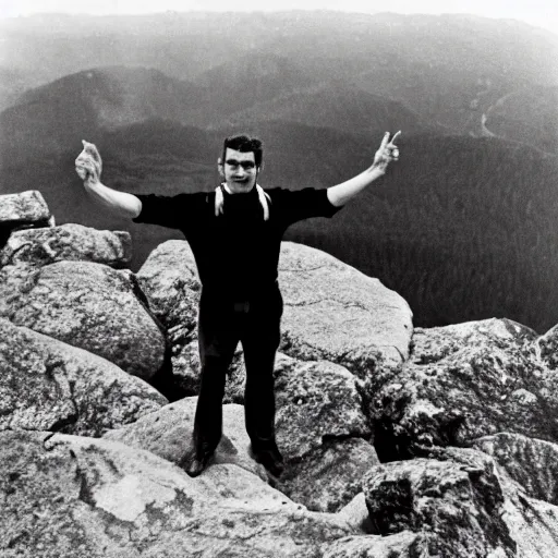 Prompt: a man standing on a mountain with his hand outstretched, but his fingers are tentacles, photograph