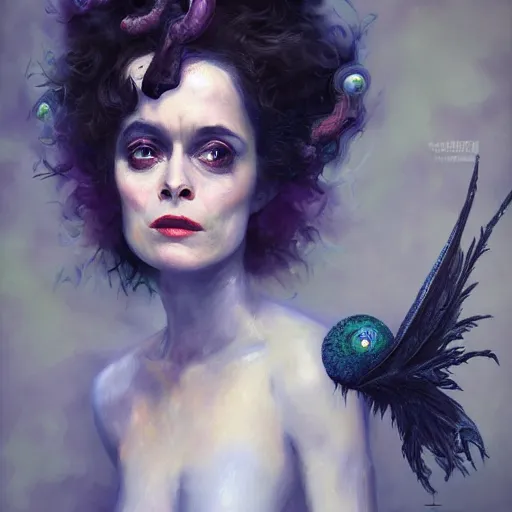 Image similar to impressionist oil painting, alien dark fae girlboss based on helena bonham carter mixed with sigourney weaver, bumpy mottled skin, big black feathered wings instead of arms, body horror, by yoshitaka amano, by greg rutkowski, by jeremy tv lipkinng, by artgerm, digital art, octane render