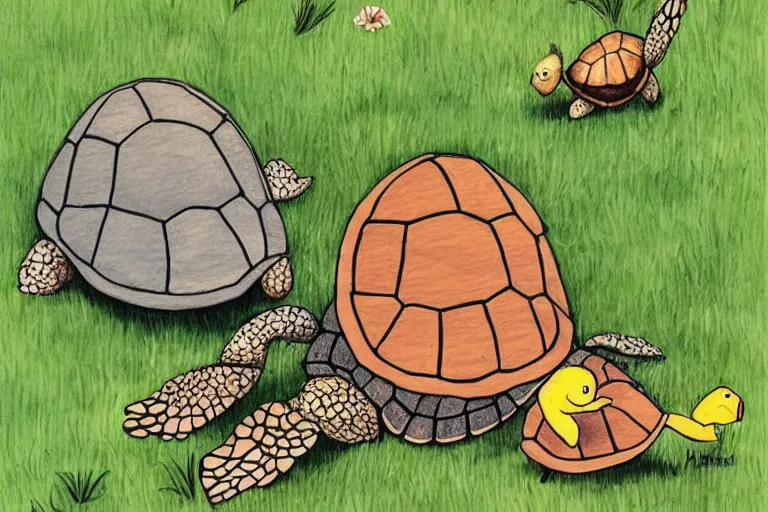 Image similar to turtle and chick, children's book illustration, beautiful