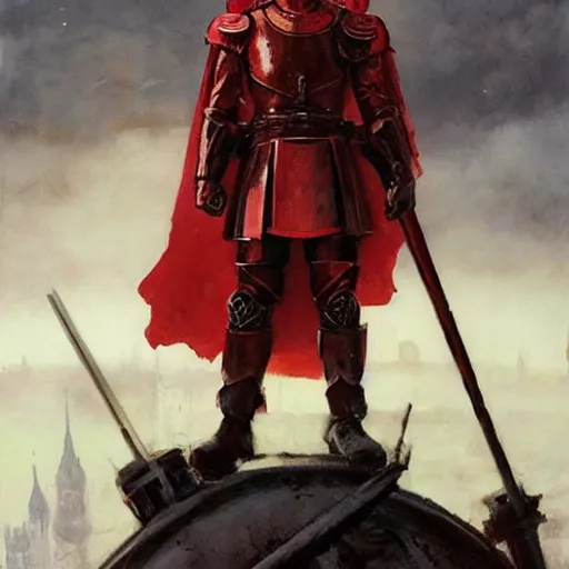 Image similar to felix dzerzhinsky as holy red knight protector of mother russia, colourised, face portrait, epic, military art, fantasy, dieselpunk, hd shot, digital portrait, beautiful, artstation, comic style, by artgerm, guy denning, jakub rozalski, magali villeneuve and charlie bowater