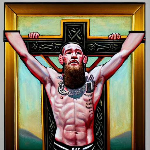 Image similar to religious portrait, conor mcgregor on the cross, crucifixion, oil on canvas, digital art