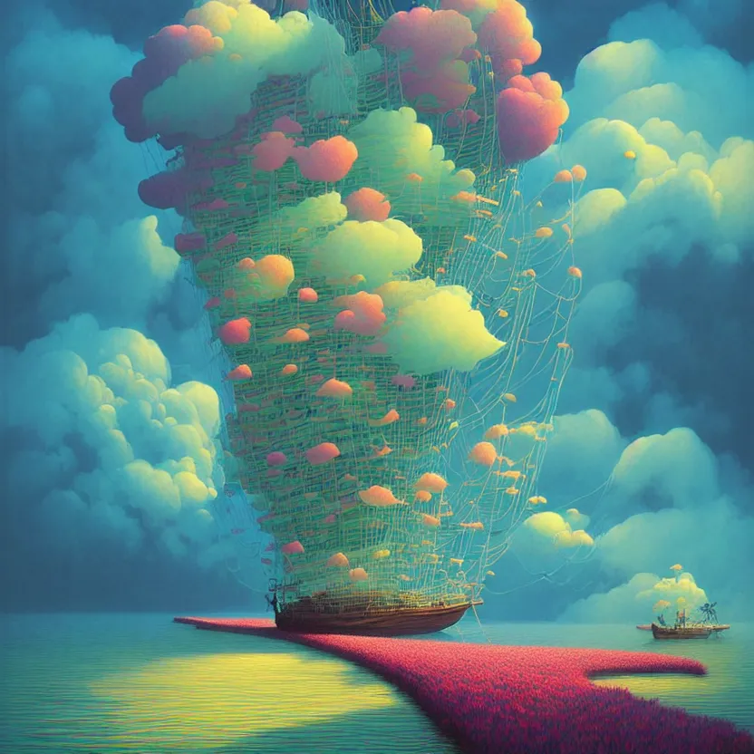 Image similar to sea cloud, summer morning, very coherent and colorful high contrast, art by! gediminas pranckevicius! geof darrow, pastel color, volumetric lighting, cinematic, floralpunk screen printing woodblock, dark shadows, hard lighting, stippling art