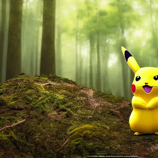 Image similar to very very intricate photorealistic photo of pikachu in a forest, photo is in focus with detailed atmospheric lighting, award - winning details