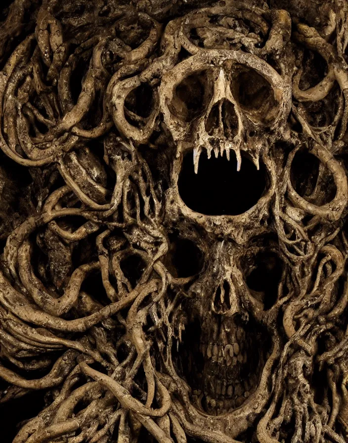 Prompt: Giant Stone skull with petrified tentacles in dark cave, Ayahuasca, surface of mold and decay, by H. R. Giger:: Macro::2 8K:: Contre-Jour::2 Morph:: watermark::-0.3 blurry::-0.3 cropped::-0.3 Unreal Engine::3