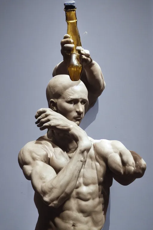 Image similar to marble sculpture of man in Adidas jacket sportswear holding a beer bottle made of marble, intricate sculpture, chiseled muscles, godlike, museum photo