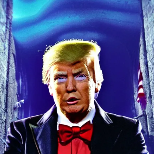 Image similar to portrait of donald trump as willy wonka in skyrim, fantasy, splash art, avengers movie, movie still, detailed face, photorealistic facial features, cinematic lighting, dramatic, octane render, long lens, shallow depth of field, bokeh, anamorphic lens flare, 8 k, hyper detailed, 3 5 mm film grain