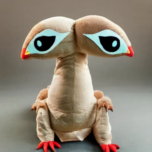 Prompt: a cute velociraptor plush toy