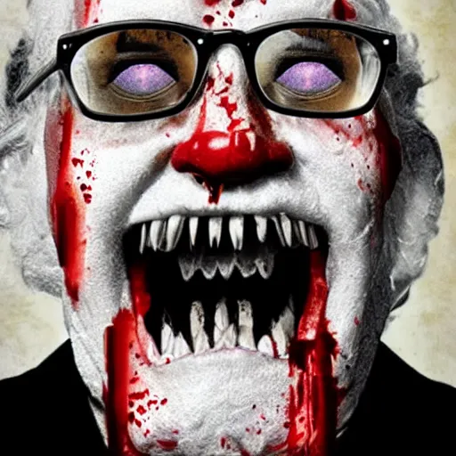 Prompt: horror film poster. crazy colonel sanders with sharp teeth. holding a meat cleaver. blood splatter background realistic.