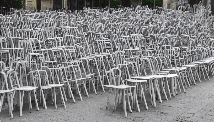 Prompt: many ten meters high piles of chairs along the walls of the street, hyperrealistic shaded